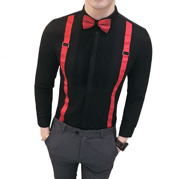 

men's casual shirts bow tie working shirt designer of male mode in camisa slim fit mens dressed black white party club stage clothes pe, White;black