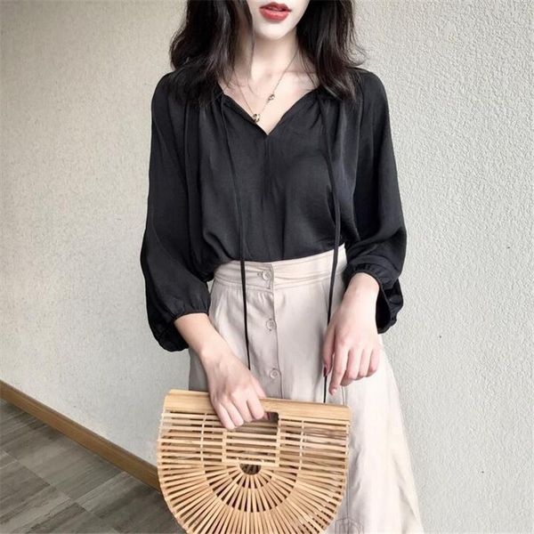 

women's blouses & shirts 2021 spring and summer hong kong style large loose 7 / 6 sleeve chiffon shirt v-neck lace up silk fashion, White