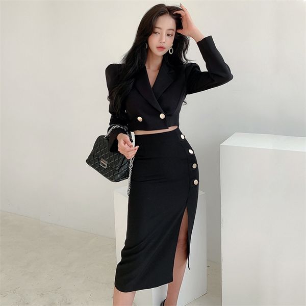

the two-piece temperament of han edition cultivate one's morality short suit small jacket waist split package hip skirt 210602, Black;gray