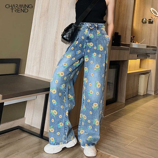 

retro baggy jeans women autumn daisy print straight denim long pants fit woman hight waist loose plus size blue jean female 210702