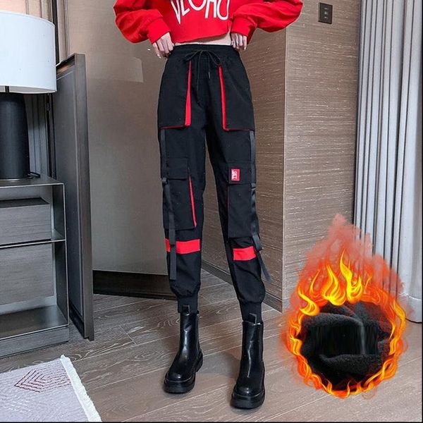 

joggers big pockets streetwear women capri harajuku cargo slim winter warm velvet trousers ribbons mujer pantalones, Black;white