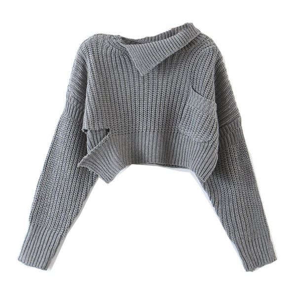

women pullovers sweaters gray beige autumn winter pocket knitted warm casual cropped solid asymmetrical m0406 women's, White;black