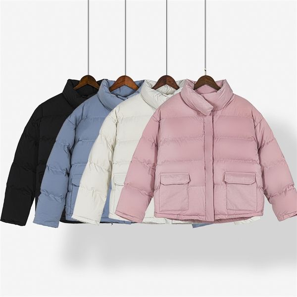 

winter woman parkas female puffer jacket solid color pink white outwear fashion clothes 210421, Black