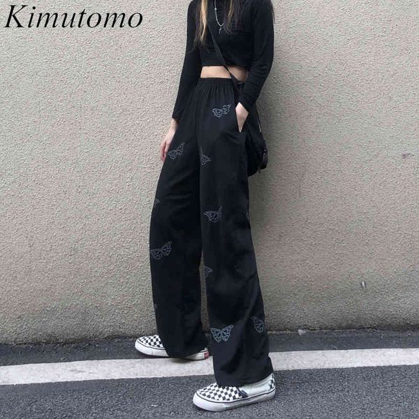 

kimutomo casual black butterfly cross-pants women spring chic fashion ladies high waist all-matching trousers loose 210521, Black;white
