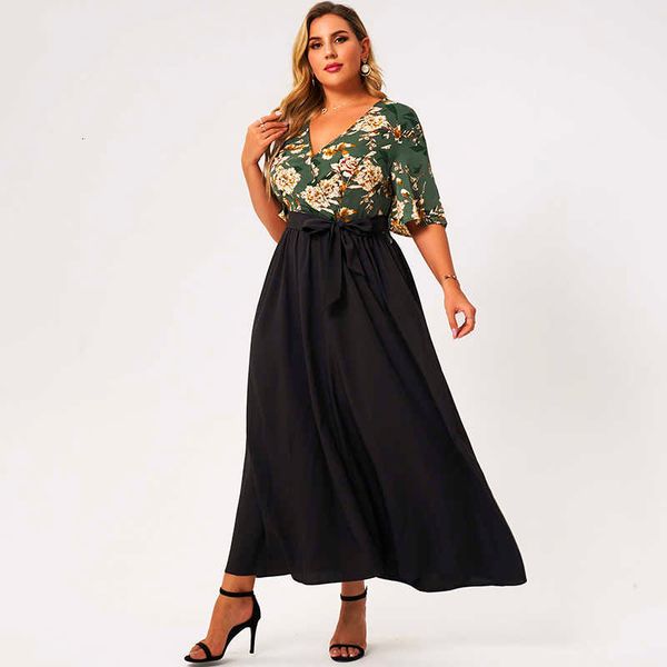 

casual dresses summer maxi women plus size 2021 green and black loose floral print belt half sleeve v-neck holiday large robes yp9, Black;gray