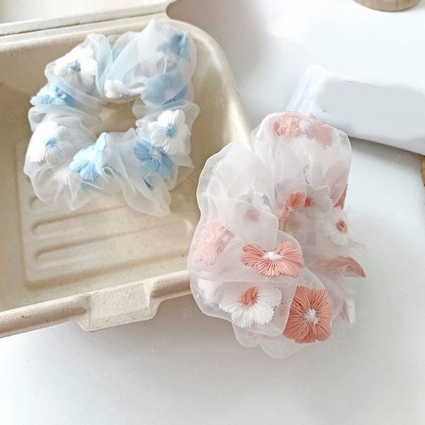 Mesh Scrunchies Für Haar Süße Stickerei Blumen Haarbänder Frauen Romantische Rosa Blau Transparent Tüll Organza Haar Zubehör