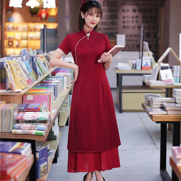 

summer chinese style beading aodai long cheongsam womens solid color satin qipao slim party dresses vestido size -3xl, Red