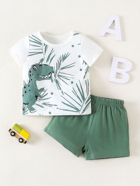 

baby plant & dinosaur print tee & shorts she, White