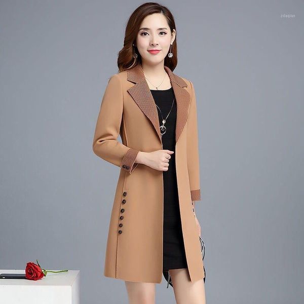 

women's trench coats 2021 women spring autumn solid color pocket windbreaker female long outerwear ladies casual clothing q40, Tan;black