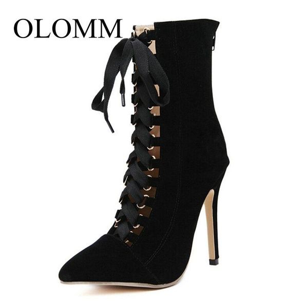 

boots olomm 2021 europe and the united states large size high heels female fine with pointed cross straps bare ll-128, Black