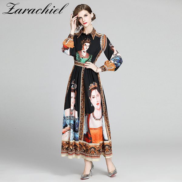 

dresses runway character oil painting print women's lantern long sleeve turn down collar empire vintage party holiday, Black;gray