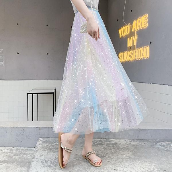 

summer autumn long women skirts high waist pastel rainbow mesh elegant sweet holiday tulle pleated womens, Black