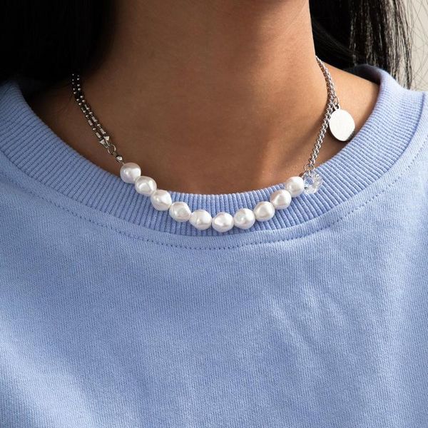 

pendant necklaces lacteo vintage pearl stainless steel asymmetrical clavicle chain choker necklace shiny rhinestone trendy female jewelry, Silver