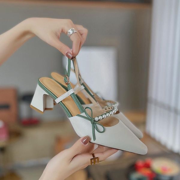 

sandals baotou gentle wind fairy pearl color matching bow women's shoes 2021 thick high-heeled, Black