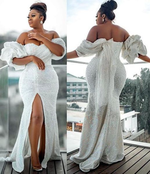 

2022 plus size luxurious mermaid wedding gowns sheer neck beaded g formal party second reception arabic aso ebi sparkly sequins bridal dress, White