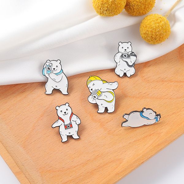 

animal pgraphy enamel pins custom white bear taking pictures brooches lapel shirt bag badge cartoon jewelry gift for friends, Blue