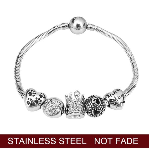 

charm bracelets story stainless steel dog mom pet print beads crystal crown silver color lady girls fashion jewelry, Golden;silver
