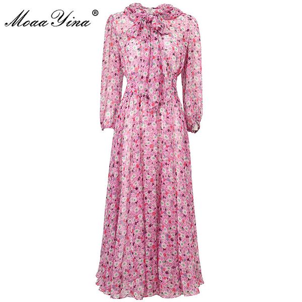 

fashion designer summer holiday pink long dress women's elegant bow tie lantern sleeve floral print chiffon 210524, Black;gray