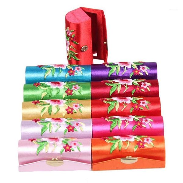 

retro brocade embroidered flower design lipstick case holder box with mirror1