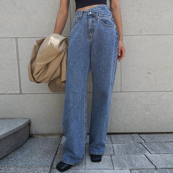 

women's jeans chic inclined button ladies irregular wide leg denim pants autumn fashion loose high waist women trousers 2021 wj340, Blue