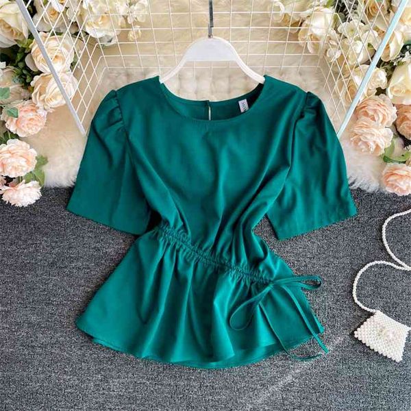 

summer women's shirts drawstring folds lotus leaf hem short-sleeved blouse korean slimming and all-match blouses gx146 210507, White