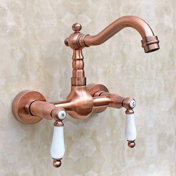 

bathroom sink faucets antique copper two hole ceramic handle wall mount kitchen basin faucet cold mixer tap swivel spout 360' drg035