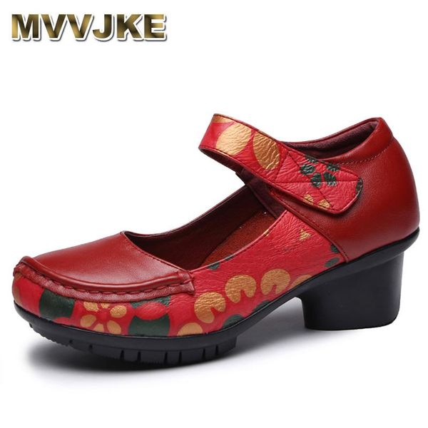 

dress shoes mvvjke 2021 vintage ethnic style women pump genuine leather thick heel spring autumn shallow mother e160, Black