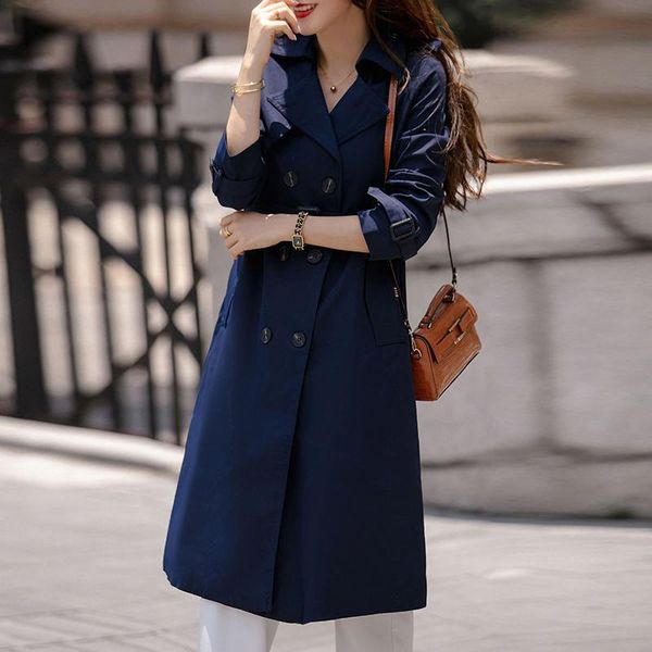 

women's trench coats brand women coat long double-breasted belt blue khaki lady windbreak clothes autumn spring outerwear quality, Tan;black