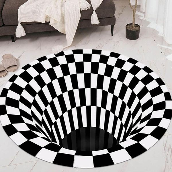 

fashion 3d printed carpet for bedroom living room office non-woven anti-skid area floor mat black white checks round carpets