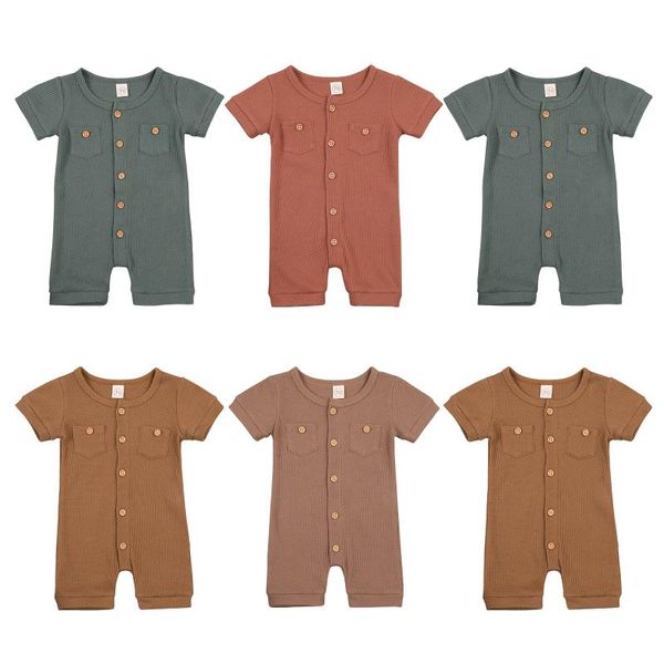 

button pocket romper baby girl boy clothes solid color short sleeve round neck playsuit for party birthday pography jumpsuits, Blue
