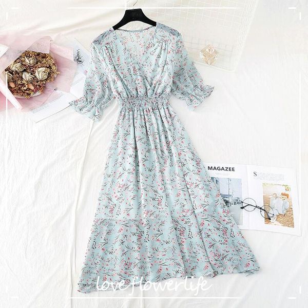 

summer vintage floral print flare sleeve a-line chiffon dress women elegant v-neck short sleeve ruffles mid-calf dress 210521, Black;gray