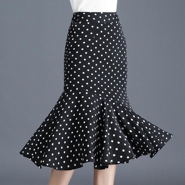 

skirts polka dot chiffon skirt women summer 2021 mom high waist was thin mid-length fishtail with hips brand, Black