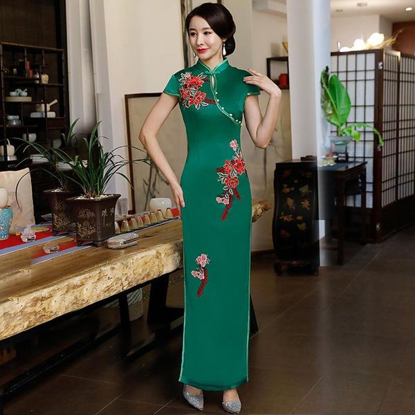 

casual green lady spring long cheongsam chinese style maxi dress womens qipao slim party dresses button vestido plus size s-4xl ethnic cloth, Black;gray
