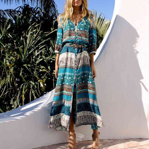 

casual dresses lady summer holiday boho long spring button v neck split maxi women print beach party vestido 2021 bel8, Black;gray