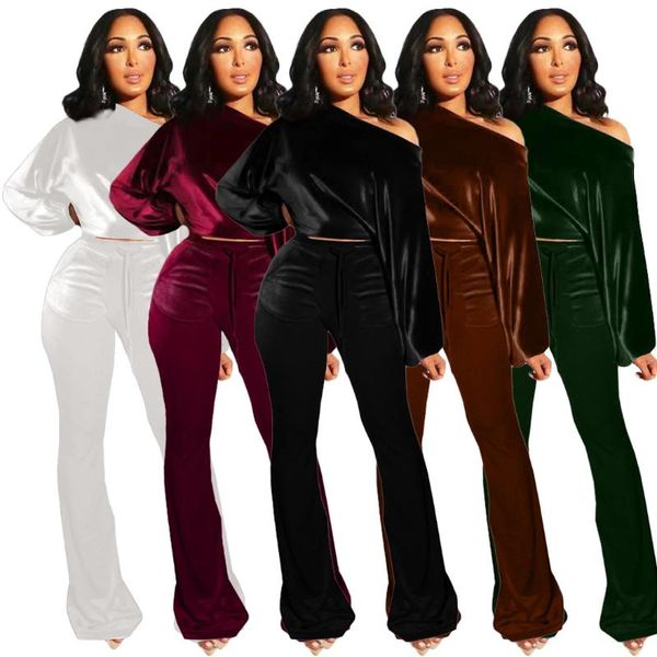 

women's two piece pants women velvet 2pcs sets casual long sleeve one shoulder crop jogging wide leg suit autumn sporty tracksuit outfi, White