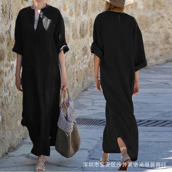 

factory5qbt loose v-neck large medium sleeve split skirt women's dress, Black;gray