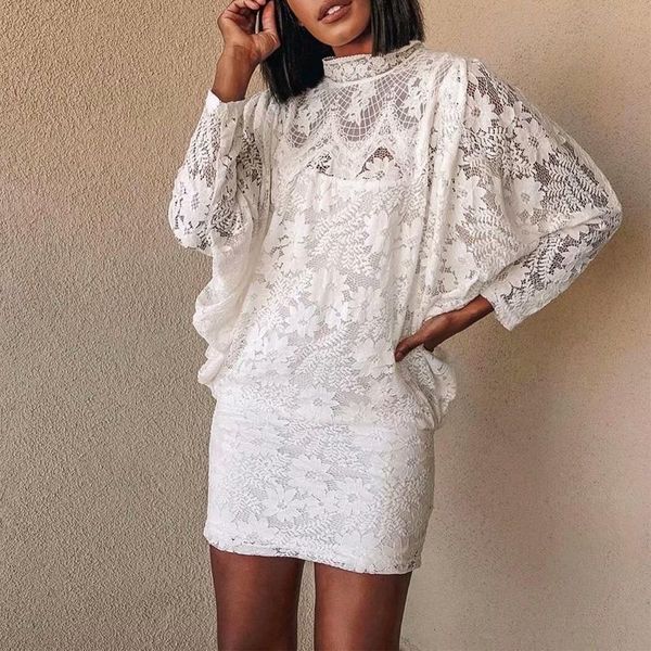

casual dresses summer women's solid color high neck bat sleeve lace two-piece dress, Black;gray