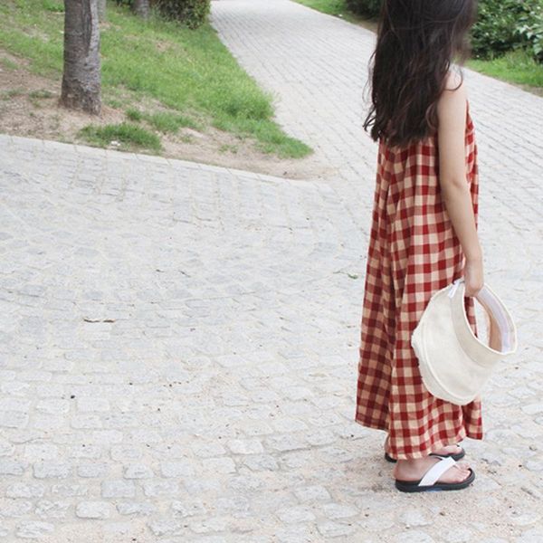 

summer girls plaid slip dresses linen cool fabric ankle length teenager kids outfit beach vacation casual children's clothes girl', Red;yellow