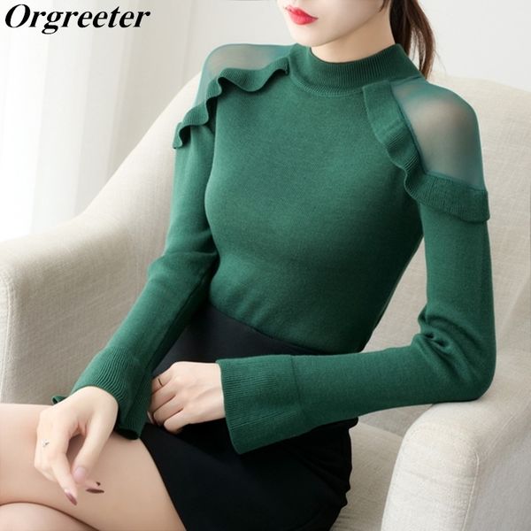

autumn and winter korean ruffled mesh strapless shoulder long-sleeved sweater women's half turtleneck slim bottoming 210525, White;black
