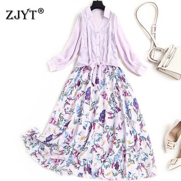 

europe fashion woman clothes spring designers long sleeve shirt and floral print chiffon dress 2 piece suit bohemian festa 210601, Black;gray