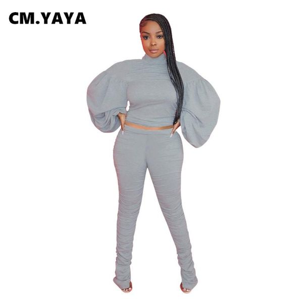 

women's tracksuits cm.yaya streetwear stacked set turtleneck neck bell sleeve sweatshirt ruched pants tracksuit matching casual outfit, Gray