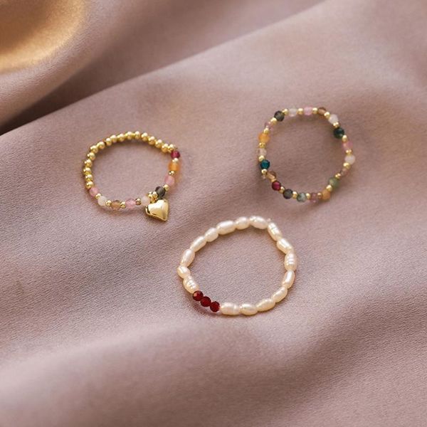 

wedding rings simple freshwater pearl bead for women elastic heart jewelry crystal finger ring party gift anillos mujer, Slivery;golden