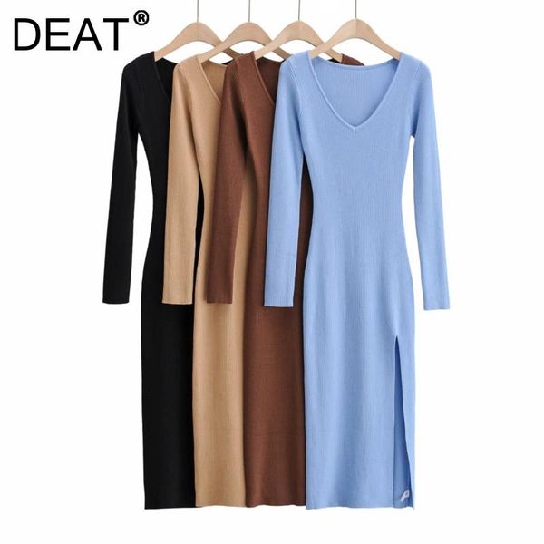 

casual dresses [deat] 2021 autumn fashion tide solid color long sleeve v-neck high waist elasticity knitting dress women 13z1525, Black;gray