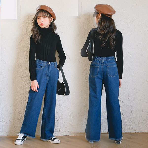 

girls jeans kids pants cotton denim trousers children clothing spring loose casual tassel girl wide leg 6 8 10 12 14, Blue