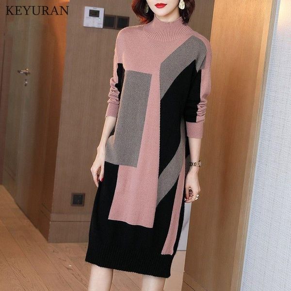 

casual dresses oversized knitted sweater dress autumn 2021 long sleeve elegant warm winter half turtleneck color block for women, Black;gray