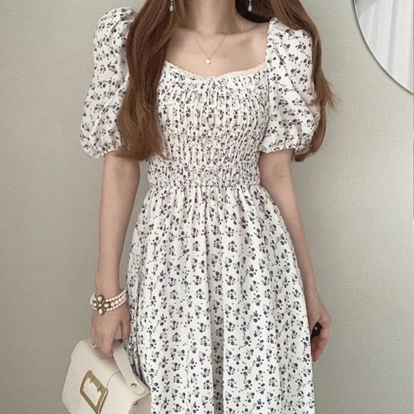 

korea chic square collar loose casual ladies robe summer floral folds trendy clothing vestido 16f0819 210510, Black;gray