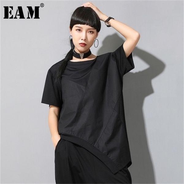 

[eam] women black irregular split joint big size t-shirt new round neck long sleeve fashion tide spring summer 1w050 210406, White