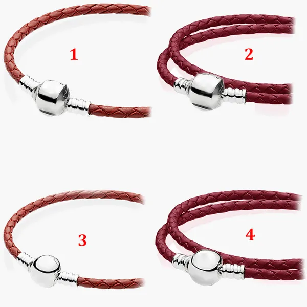 Feiner Schmuck, authentische Perle aus 925er-Sterlingsilber, passend für Pandora-Charm-Armbänder, Lederband, roter quadratischer Kopf, runder Kopf, Sicherheitskette, Anhänger, DIY-Perlen