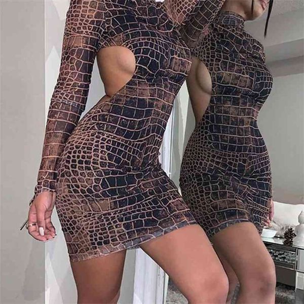 

omsj trendy snake printed backless skinny dress women party club outfits o-neck long sleeve mini bandage vestidos fall 210517, Black;gray