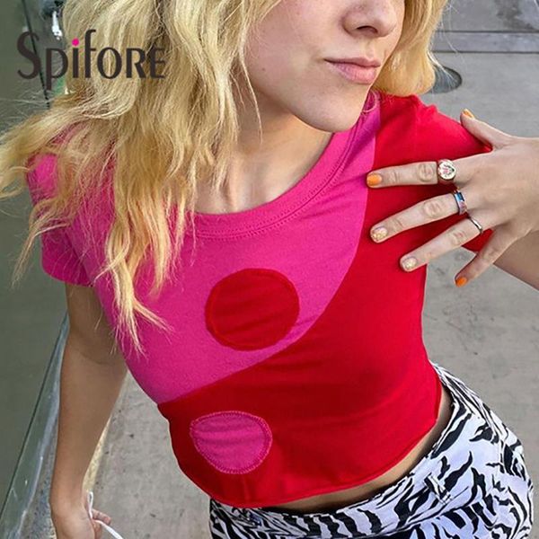 

women's t-shirt spifore short sleeve crop tie dye o neck casual t shirt women streetwear y2k 2021 summer tees, White